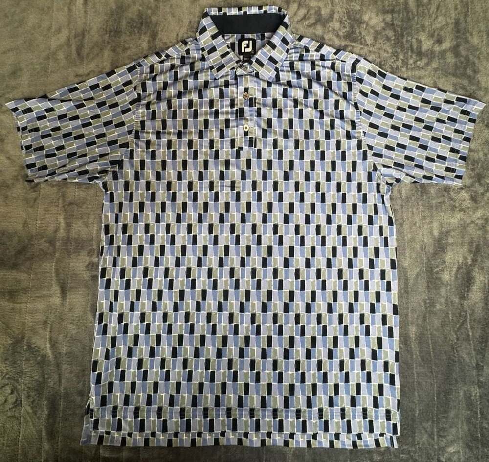 FootJoy Geometric Rectangle Grid Polo Size L Blue Black Golf Shirt 1003